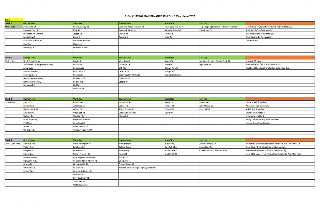 Bush Cutting Schedule May 2023 - June 2023
