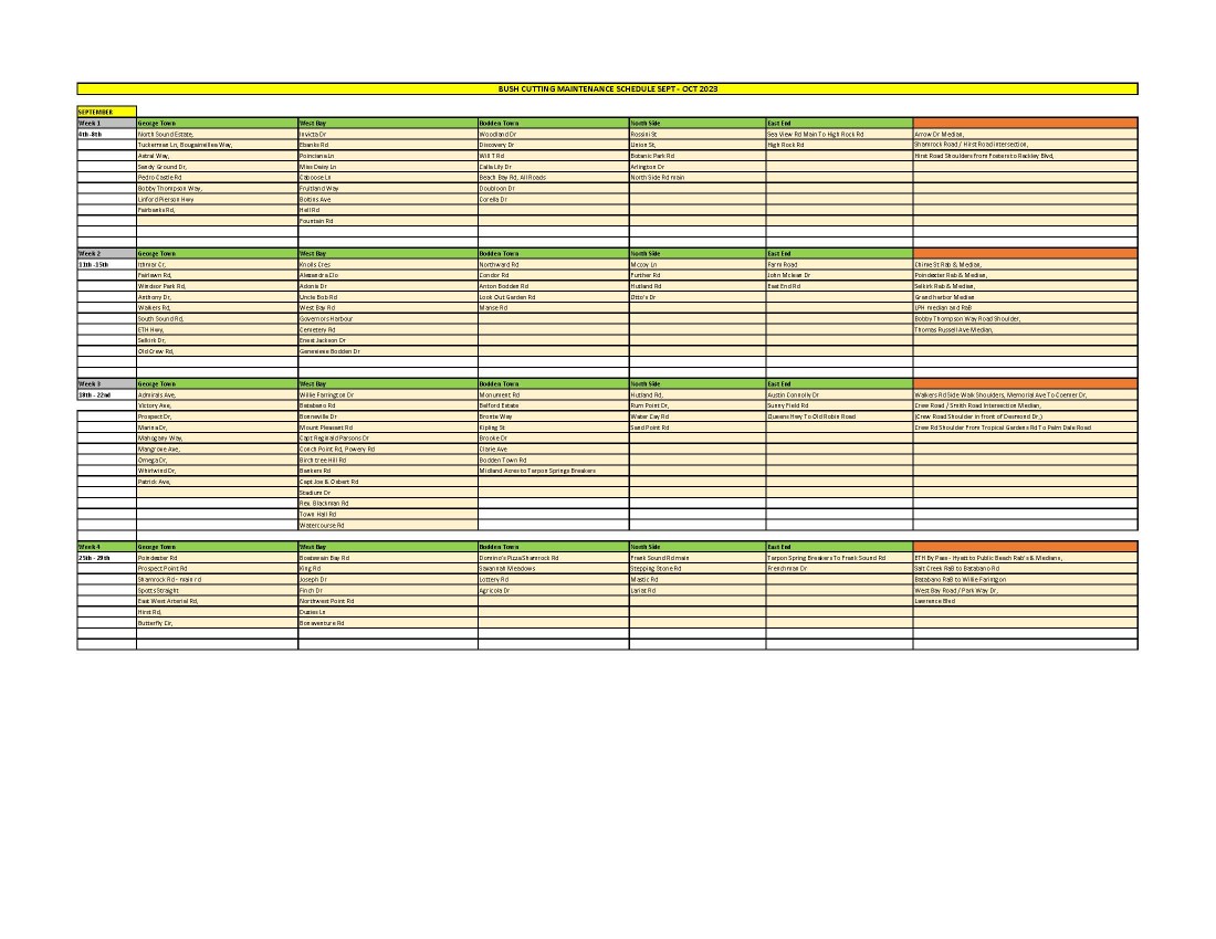 Bush Cutting Schedule September 2023 - October 2023