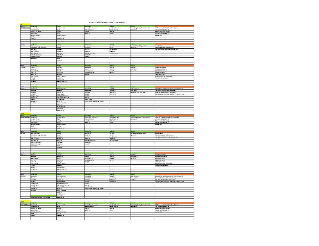 Bush Cutting Schedule July 2023 - August 2023